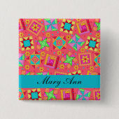 Red Turquoise Patchwork Quilt Name Badge Vierkante Button 5,1 Cm (Voorkant)