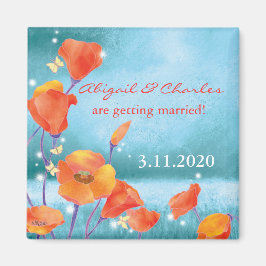 Red Turquoise Poppy Wedding Save the Date Magneet