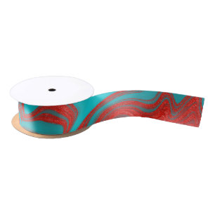 Red Turquoise Wavy Lines Satijnen Lint