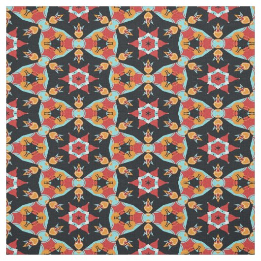 Red Turquoise Yellow Oranje Mandala Star Pattern Stof (Swatch)