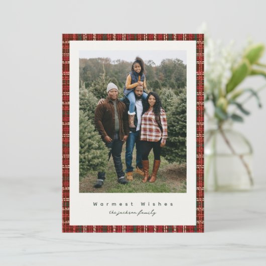 Red Tweed Photocard Holiday Card Feestdagenkaart (Staand voorkant)