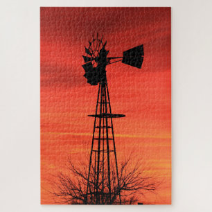 Red Twilight Kansas Sunset Windmill silhouette Legpuzzel