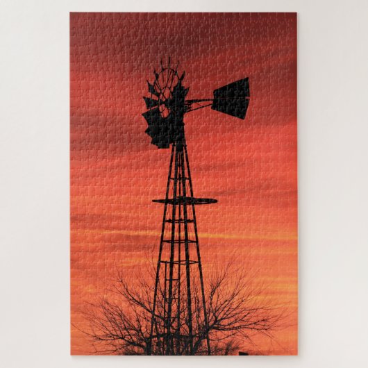 Red Twilight Kansas Sunset Windmill silhouette Legpuzzel (Verticaal)
