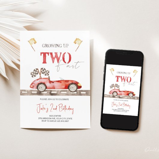 Red Two Fast Race Auto Verjaardag uitnodiging