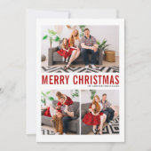 Red Typografie Merry Kerstfeest Drie Foto Feestdagenkaart (Voorkant)