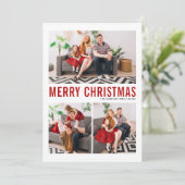 Red Typografie Merry Kerstfeest Drie Foto Feestdagenkaart (Staand voorkant)