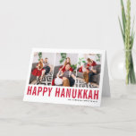 Red Typography Happy Hanukkah Photo Collage Feestdagen Kaart<br><div class="desc">Happy Hanukkah!  Happy Hanukkah-fotocollage met rode eenvoudige typografie en sneeuwpatroon. Personaliseer door drie foto's,  namen,  jaar en andere details toe te voegen. Deze moderne Hanukkah-kaart is verkrijgbaar in andere kleuren en in andere kartonnen dozen.</div>