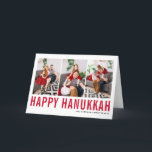 Red Typography Happy Hanukkah Photo Collage Feestdagen Kaart<br><div class="desc">Happy Hanukkah!  Happy Hanukkah-fotocollage met rode eenvoudige typografie en sneeuwpatroon. Personaliseer door drie foto's,  namen,  jaar en andere details toe te voegen. Deze moderne Hanukkah-kaart is verkrijgbaar in andere kleuren en in andere kartonnen dozen.</div>