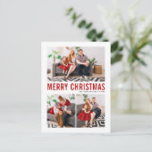 Red Typography Merry Christmas Three Photo Feestdagenkaart (Staand voorkant)