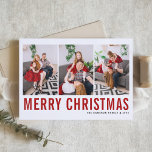 Red Typography Merry kerstfoto Collage Feestdagen Kaart<br><div class="desc">Vrolijk kerstfeest!  kerstfotocollage met rode eenvoudige typografie en sneeuwpatroon. Personaliseer door drie foto's,  namen,  jaar en andere details toe te voegen. Deze moderne kerstfotokaart is ook verkrijgbaar in andere kleuren en in andere kartonnen dozen.</div>