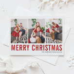 Red Typography Merry Kerstry Three Photo Collage Briefkaart<br><div class="desc">Vrolijk kerstfeest!  briefkaart voor kerstfotocollage met rode en zwarte eenvoudige typografie. Personaliseer door drie foto's,  namen,  jaar en andere details toe te voegen. Dit moderne kerstbriefkaart is verkrijgbaar in andere kleuren en in kartonnen dozen.</div>