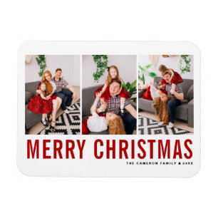 Red Typography Merry Kerstry Three Photo Collage Magneet