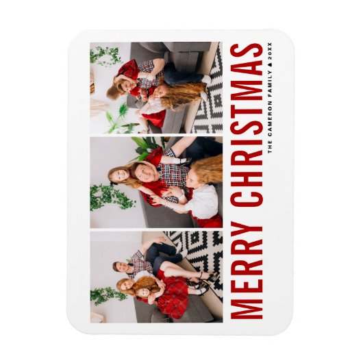 Red Typography Merry Kerstry Three Photo Collage Magneet (Verticaal)