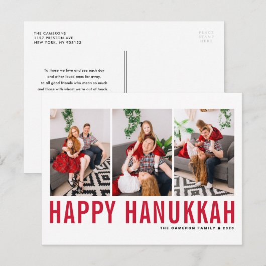 Red Typography Photo Collage Happy Hanukkah Feestdagenkaart (Voorkant / Achterkant)