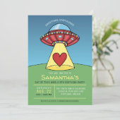 Red UFO Alien Birthday Party Invitation Kaart (Staand voorkant)