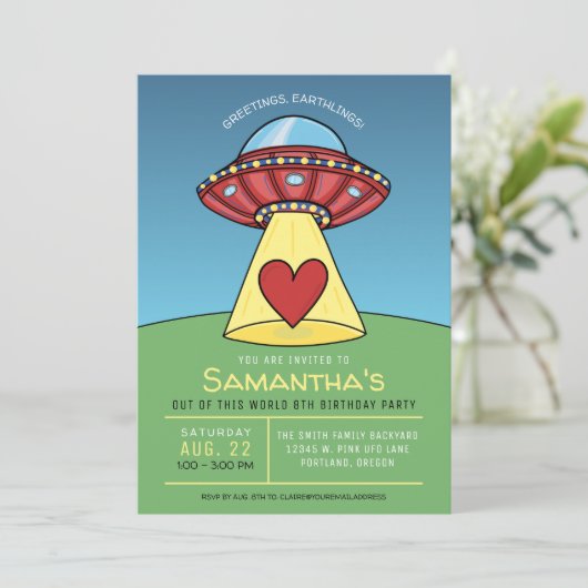 Red UFO Alien Birthday Party Invitation Kaart (Staand voorkant)