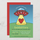 Red UFO Alien Birthday Party Invitation Kaart (Voorkant / Achterkant)