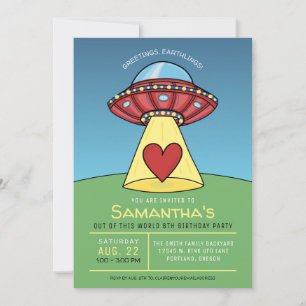 Red UFO Alien Birthday Party Invitation Kaart