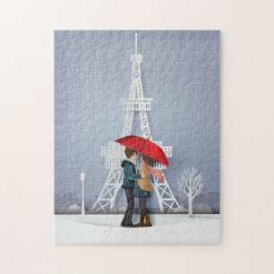 Red umbrella in Parijs paar Valentijnse Legpuzzel