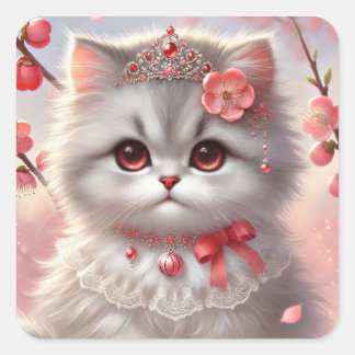 Red Ume Plum Blossom Princess Cat Vierkante Sticker
