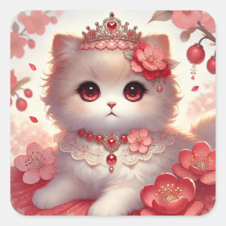 Red Ume Plum Blossom Princess Cat Vierkante Sticker