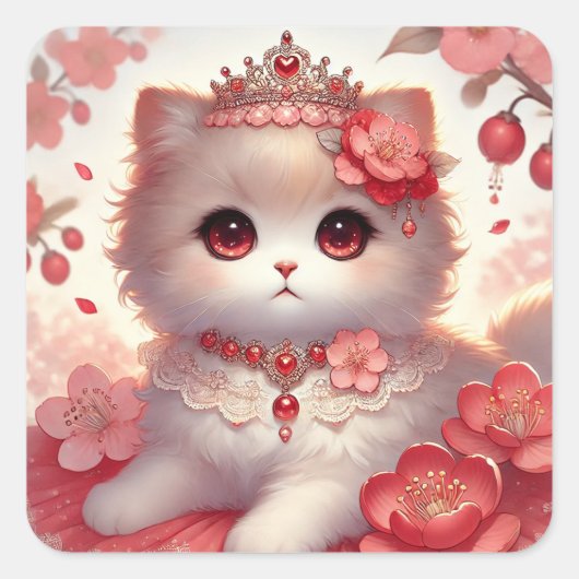Red Ume Plum Blossom Princess Cat Vierkante Sticker (Voorkant)