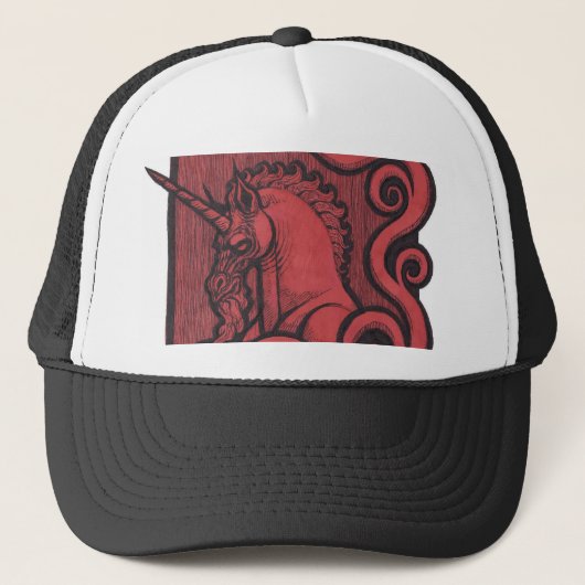 Red Unicorn Black Trucker Hat Pet (Voorkant)