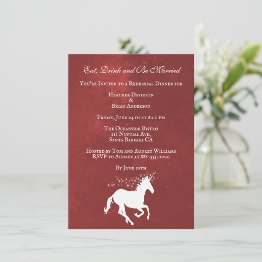 Red Unicorn Wedding Rehearsal Dinner Invite Kaart (Staand voorkant)