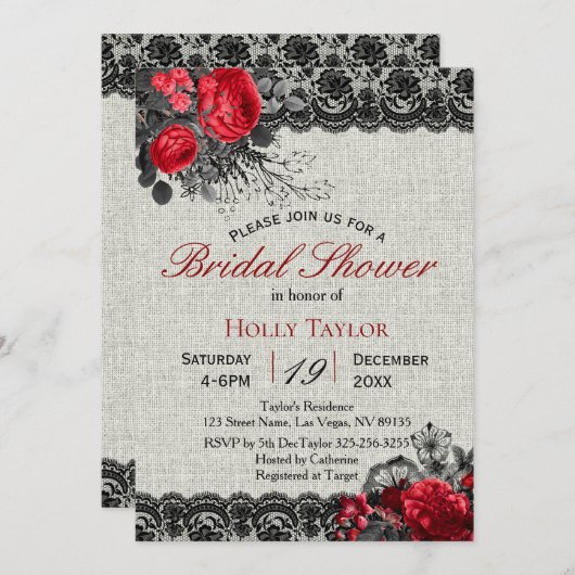 Red Valentijn & Gothic Bridal Shower Invitation Kaart (Voorkant / Achterkant)