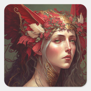 Red Valkyrie Woman Fantasy Art Vierkante Sticker