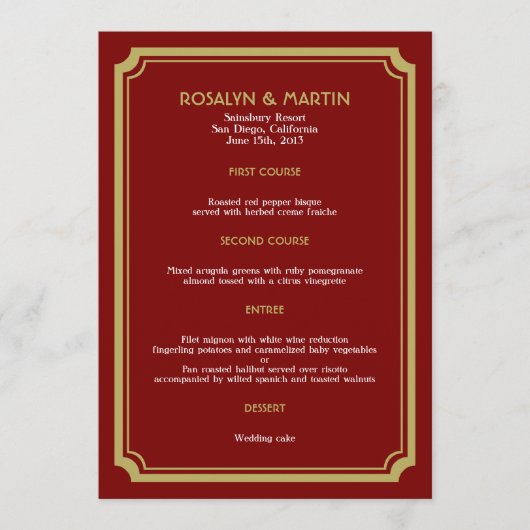 Red velvet art deco retro bruiloft menu (Voorkant)