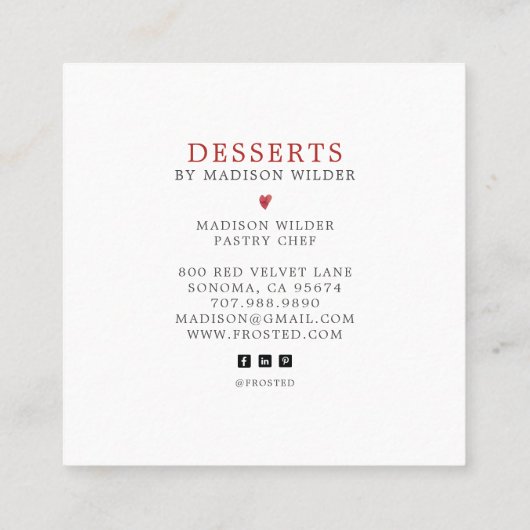 Red Velvet Baker Cupcake Logo Calligraphy Script  Vierkante Visitekaartje (Achterkant)