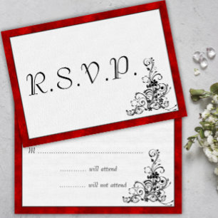 Red Velvet, Black Flourish Wedding RSVP Kaartje