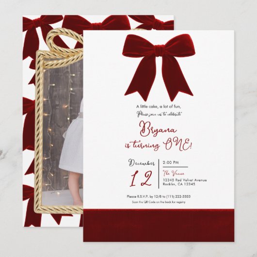 Red Velvet Bow Elegant Posh 1e verjaardag Kaart (Voorkant / Achterkant)