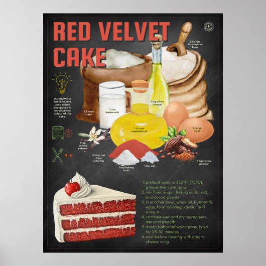 Red Velvet Cake Recept Chalkboard Keuken Kunst Poster (Voorkant)