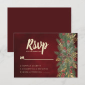 Red Velvet Christmas Botanical Wedding RSVP Card (Voorkant / Achterkant)