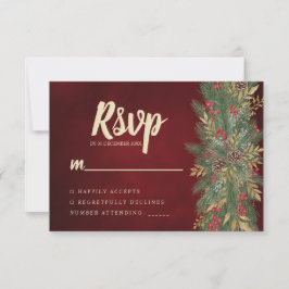 Red Velvet Christmas Botanical Wedding RSVP Card Kaartje