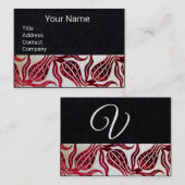 RED VELVET DAMASK TULIPS MONOGRAM Black Paper Visitekaartje (Voorkant / Achterkant)