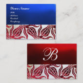 RED VELVET DAMASK TULIPS MONOGRAM Burgundy Blue Visitekaartje (Voorkant / Achterkant)