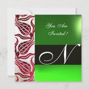 RED VELVET DAMASK TULIPS MONOGRAM Burgundy Green Kaart