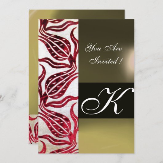 RED VELVET DAMASK TULIPS MONOGRAM Burgundy White Kaart (Voorkant / Achterkant)