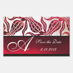 RED VELVET DAMASK TULIPS MONOGRAM Burgundy White Rechthoekige Sticker