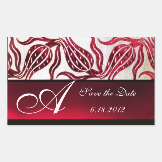 RED VELVET DAMASK TULIPS MONOGRAM Burgundy White Rechthoekige Sticker (Voorkant)