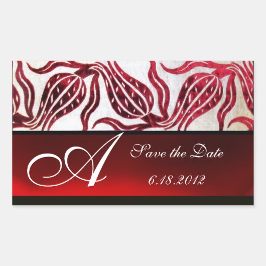 RED VELVET DAMASK TULIPS MONOGRAM Burgundy White Rechthoekige Sticker (Voorkant)
