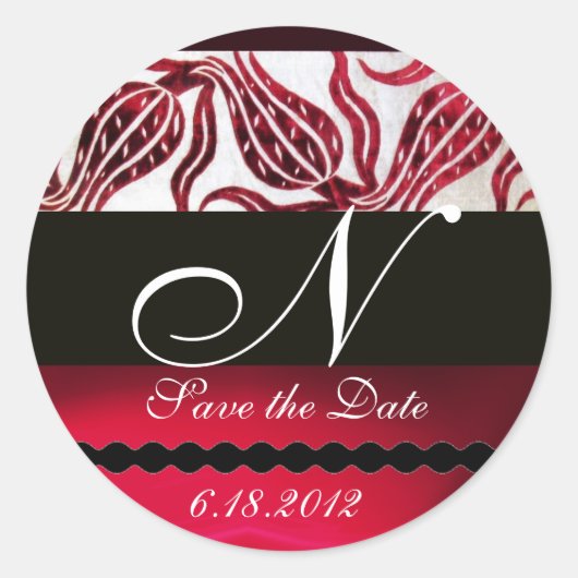 RED VELVET DAMASK TULIPS MONOGRAM Burgundy White Ronde Sticker (Voorkant)