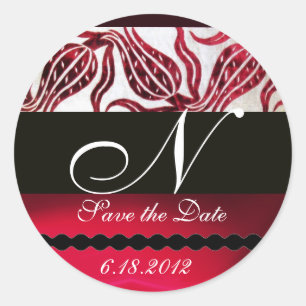 RED VELVET DAMASK TULIPS MONOGRAM Burgundy White Ronde Sticker