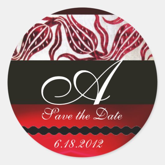 RED VELVET DAMASK TULIPS MONOGRAM Burgundy White Ronde Sticker (Voorkant)