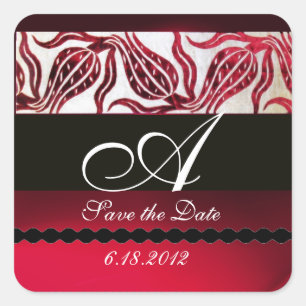 RED VELVET DAMASK TULIPS MONOGRAM Burgundy White Vierkante Sticker
