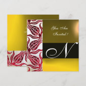 RED VELVET DAMASK TULIPS MONOGRAM Burgundy Yellow Kaart (Voorkant / Achterkant)