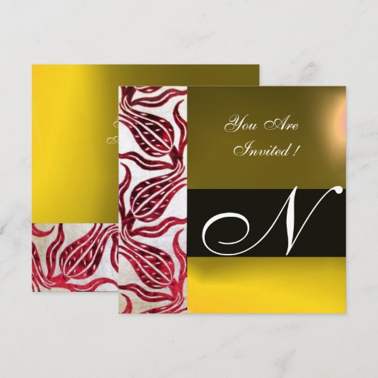 RED VELVET DAMASK TULIPS MONOGRAM Burgundy Yellow Kaart (Voorkant / Achterkant)